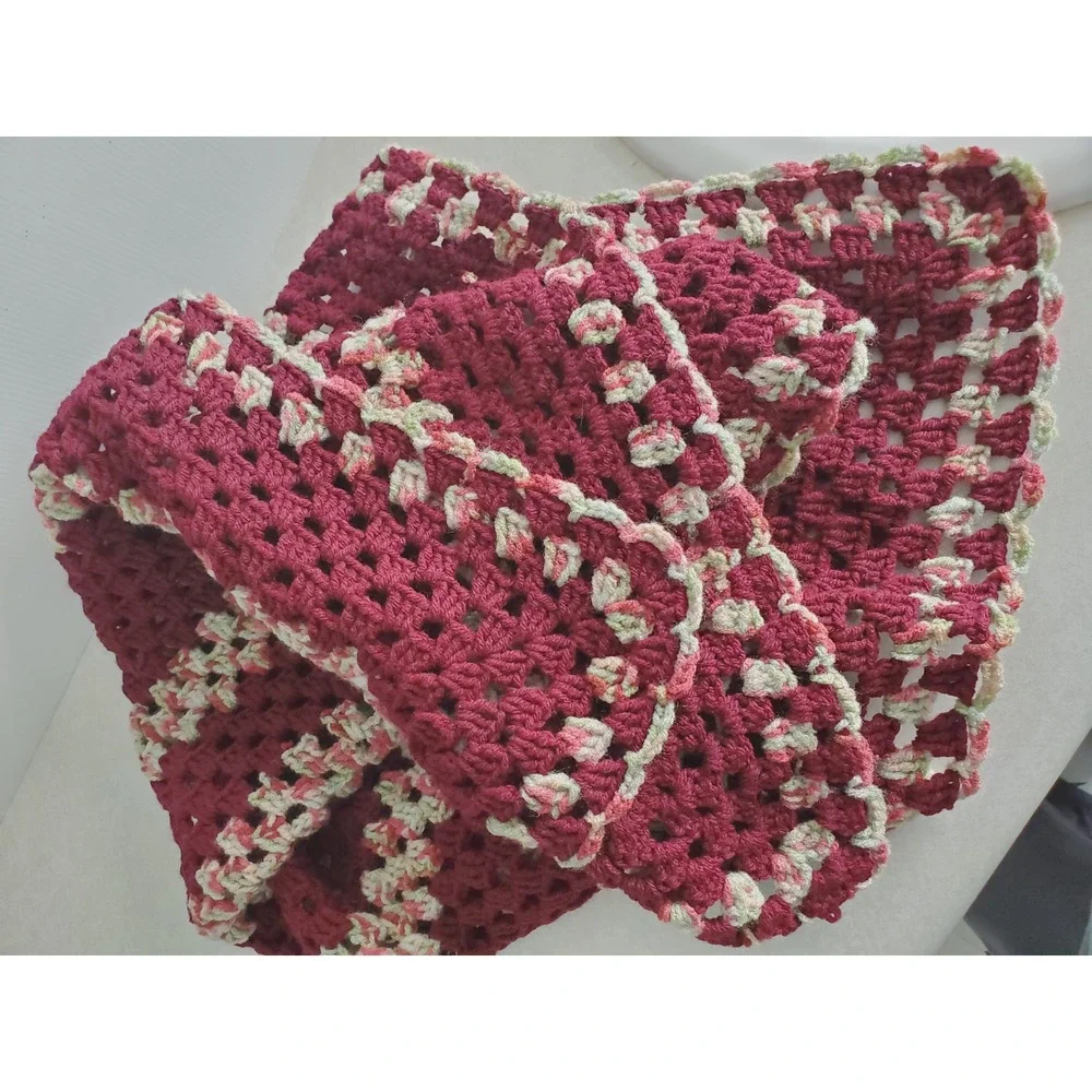 Handmade Moody Cottagecore Crochet Blanket Maroon Granny Square Boho Afghan